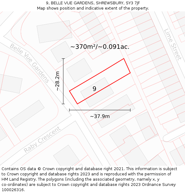 9, BELLE VUE GARDENS, SHREWSBURY, SY3 7JF: Plot and title map