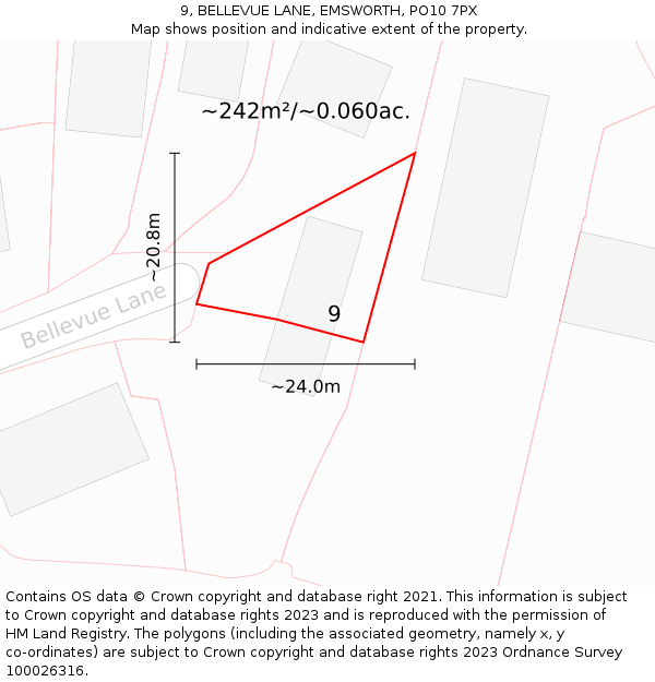 9, BELLEVUE LANE, EMSWORTH, PO10 7PX: Plot and title map