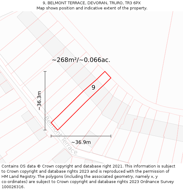 9, BELMONT TERRACE, DEVORAN, TRURO, TR3 6PX: Plot and title map