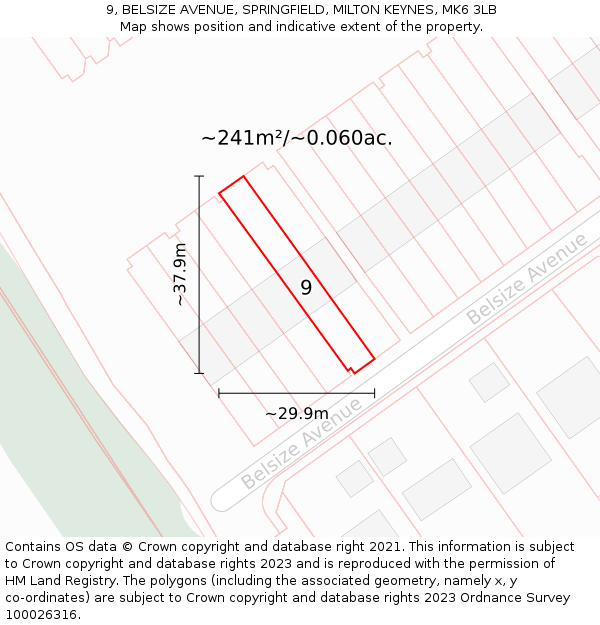 9, BELSIZE AVENUE, SPRINGFIELD, MILTON KEYNES, MK6 3LB: Plot and title map