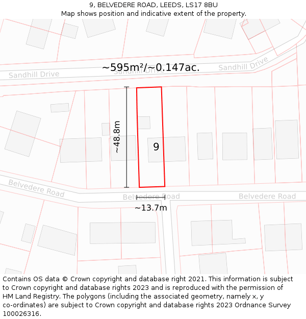 9, BELVEDERE ROAD, LEEDS, LS17 8BU: Plot and title map