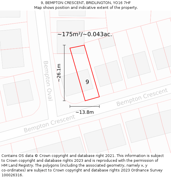 9, BEMPTON CRESCENT, BRIDLINGTON, YO16 7HF: Plot and title map
