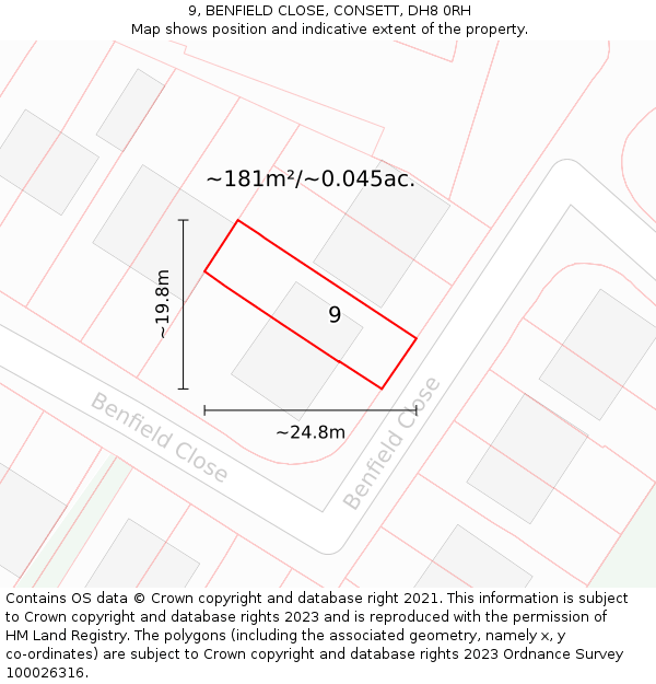 9, BENFIELD CLOSE, CONSETT, DH8 0RH: Plot and title map