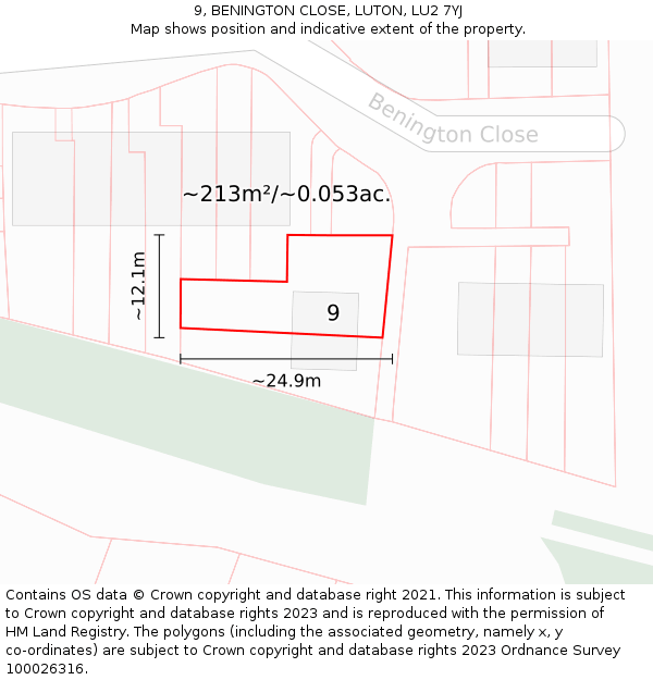 9, BENINGTON CLOSE, LUTON, LU2 7YJ: Plot and title map