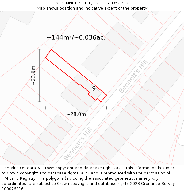 9, BENNETTS HILL, DUDLEY, DY2 7EN: Plot and title map