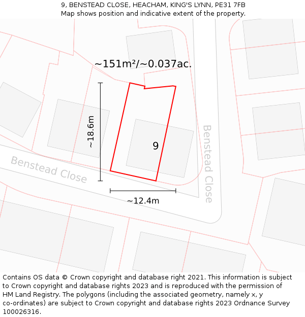 9, BENSTEAD CLOSE, HEACHAM, KING'S LYNN, PE31 7FB: Plot and title map