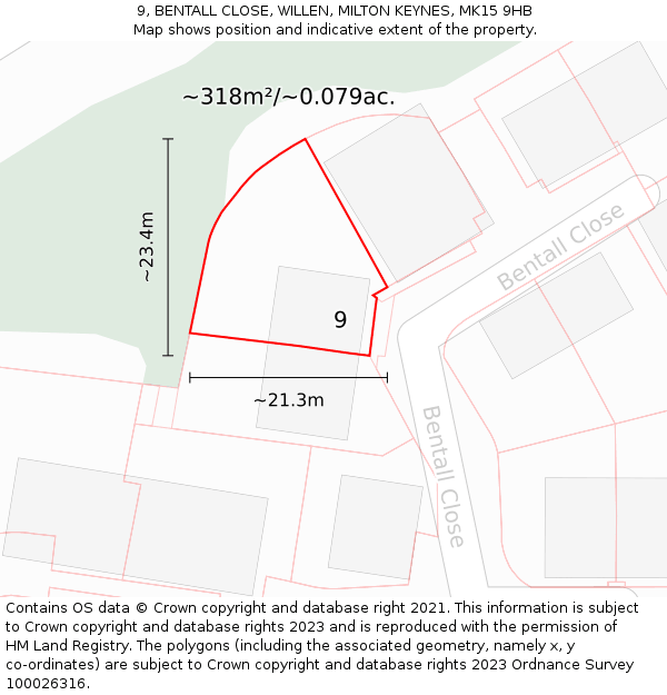9, BENTALL CLOSE, WILLEN, MILTON KEYNES, MK15 9HB: Plot and title map