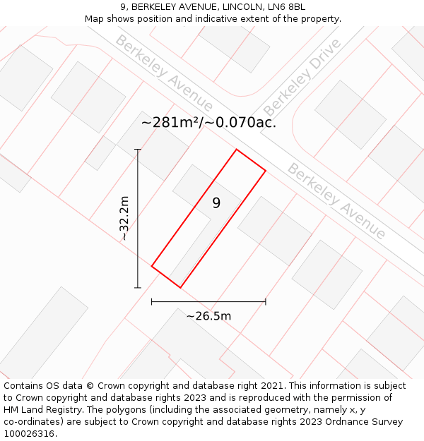 9, BERKELEY AVENUE, LINCOLN, LN6 8BL: Plot and title map