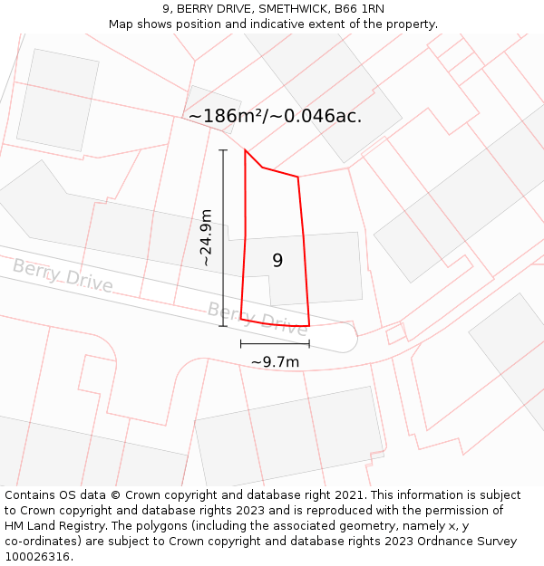 9, BERRY DRIVE, SMETHWICK, B66 1RN: Plot and title map