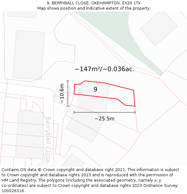 9, BERRYBALL CLOSE, OKEHAMPTON, EX20 1TX: Plot and title map