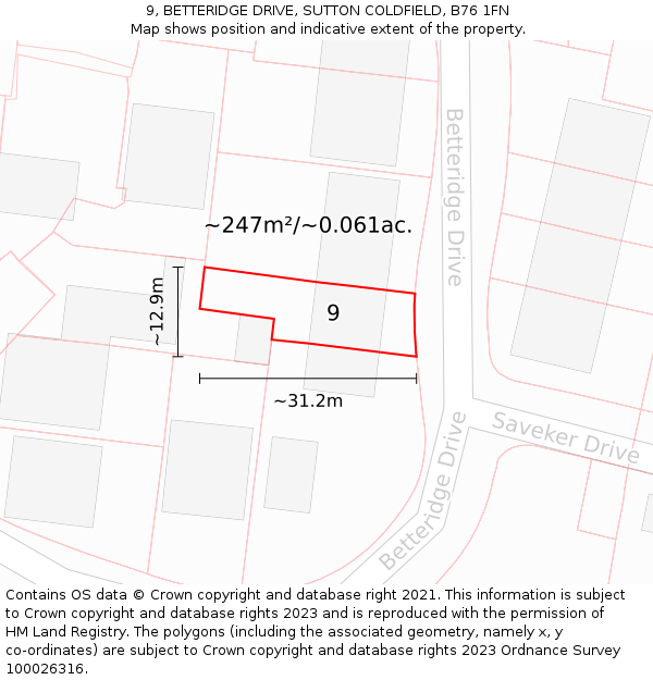 9, BETTERIDGE DRIVE, SUTTON COLDFIELD, B76 1FN: Plot and title map