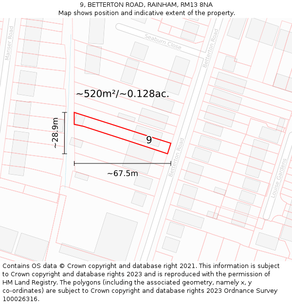 9, BETTERTON ROAD, RAINHAM, RM13 8NA: Plot and title map