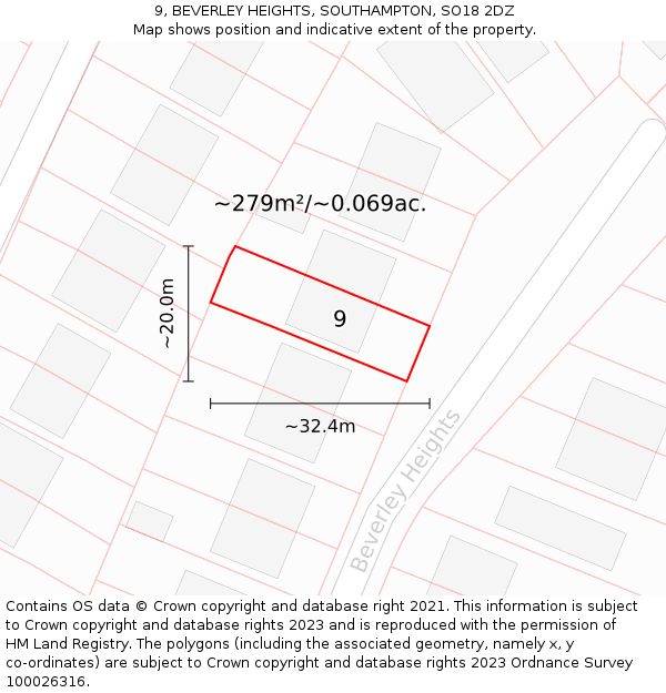 9, BEVERLEY HEIGHTS, SOUTHAMPTON, SO18 2DZ: Plot and title map