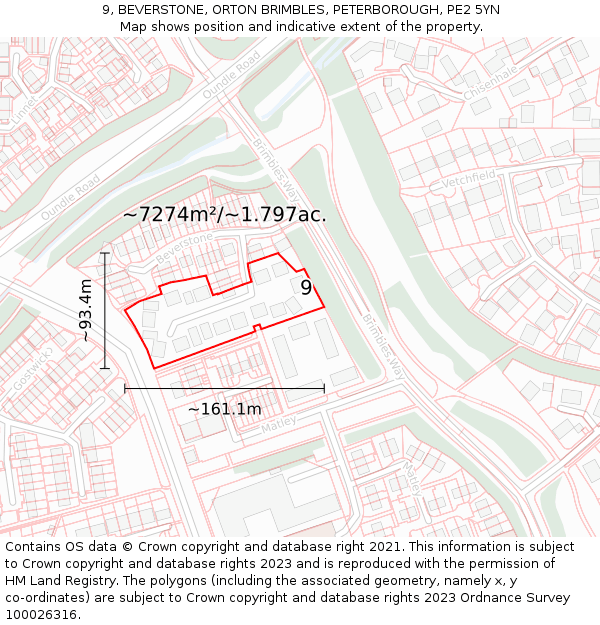 9, BEVERSTONE, ORTON BRIMBLES, PETERBOROUGH, PE2 5YN: Plot and title map
