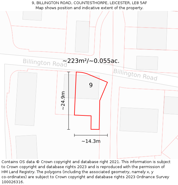 9, BILLINGTON ROAD, COUNTESTHORPE, LEICESTER, LE8 5AF: Plot and title map