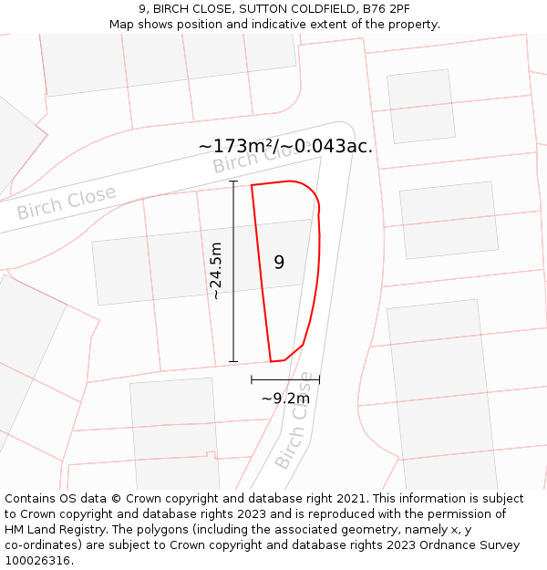 9, BIRCH CLOSE, SUTTON COLDFIELD, B76 2PF: Plot and title map