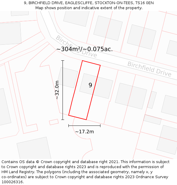 9, BIRCHFIELD DRIVE, EAGLESCLIFFE, STOCKTON-ON-TEES, TS16 0EN: Plot and title map