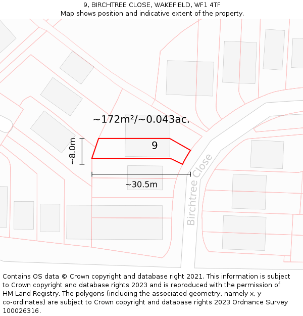 9, BIRCHTREE CLOSE, WAKEFIELD, WF1 4TF: Plot and title map