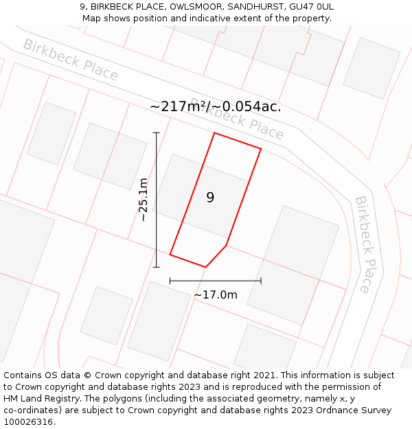 9, BIRKBECK PLACE, OWLSMOOR, SANDHURST, GU47 0UL: Plot and title map