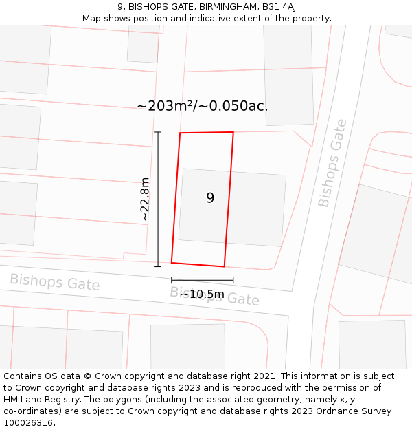 9, BISHOPS GATE, BIRMINGHAM, B31 4AJ: Plot and title map