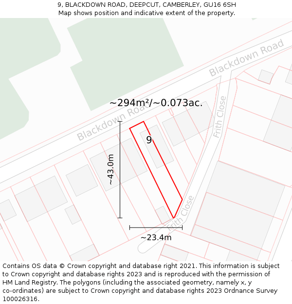 9, BLACKDOWN ROAD, DEEPCUT, CAMBERLEY, GU16 6SH: Plot and title map
