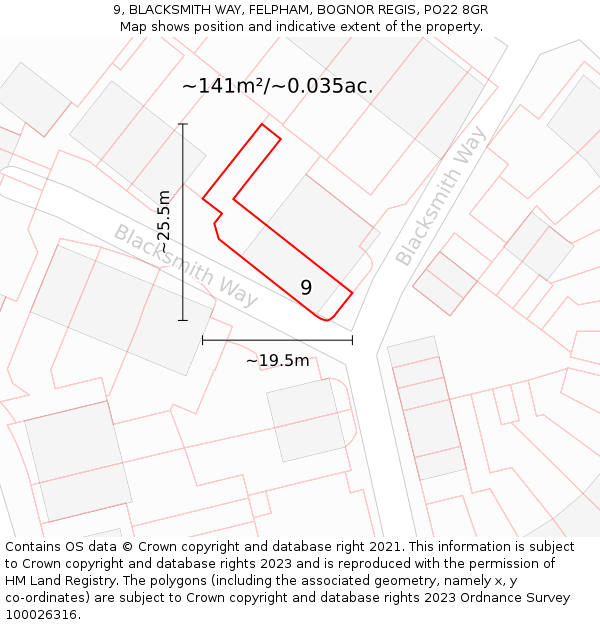 9, BLACKSMITH WAY, FELPHAM, BOGNOR REGIS, PO22 8GR: Plot and title map