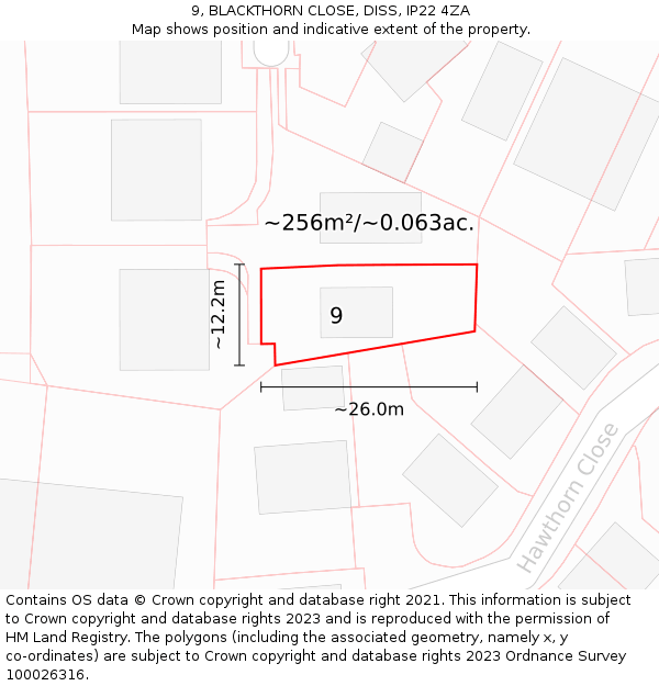 9, BLACKTHORN CLOSE, DISS, IP22 4ZA: Plot and title map