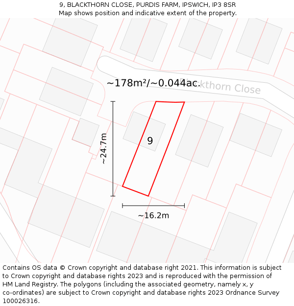 9, BLACKTHORN CLOSE, PURDIS FARM, IPSWICH, IP3 8SR: Plot and title map