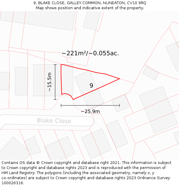 9, BLAKE CLOSE, GALLEY COMMON, NUNEATON, CV10 9RQ: Plot and title map