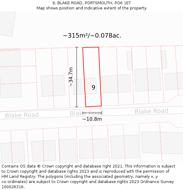 9, BLAKE ROAD, PORTSMOUTH, PO6 1ET: Plot and title map