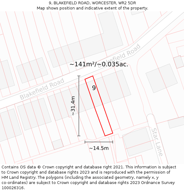 9, BLAKEFIELD ROAD, WORCESTER, WR2 5DR: Plot and title map