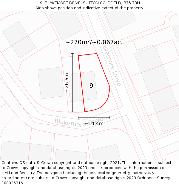 9, BLAKEMORE DRIVE, SUTTON COLDFIELD, B75 7RN: Plot and title map