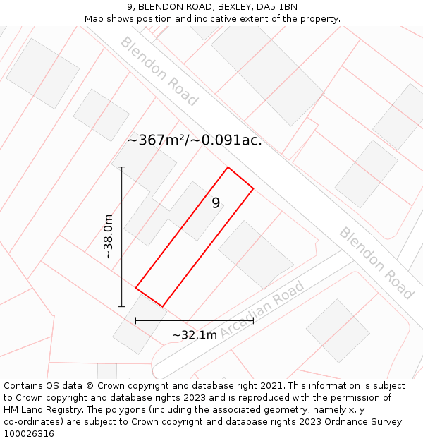 9, BLENDON ROAD, BEXLEY, DA5 1BN: Plot and title map