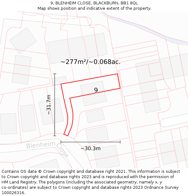 9, BLENHEIM CLOSE, BLACKBURN, BB1 8QL: Plot and title map