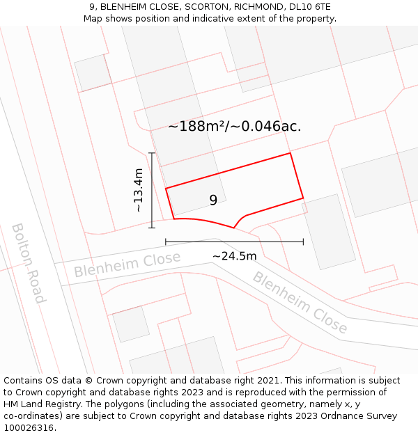 9, BLENHEIM CLOSE, SCORTON, RICHMOND, DL10 6TE: Plot and title map