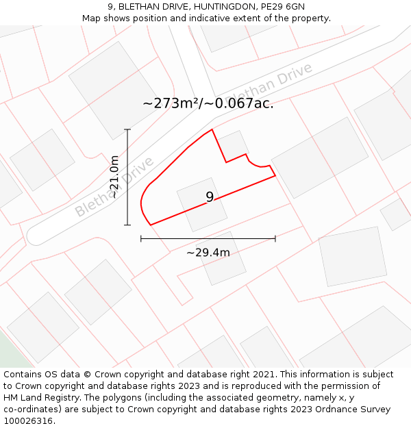 9, BLETHAN DRIVE, HUNTINGDON, PE29 6GN: Plot and title map
