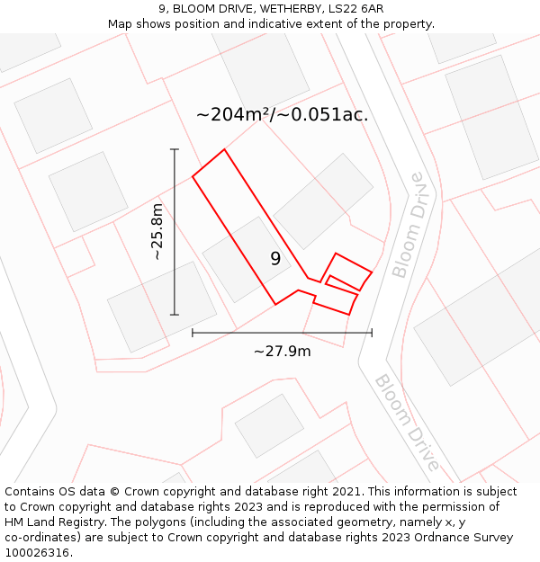 9, BLOOM DRIVE, WETHERBY, LS22 6AR: Plot and title map