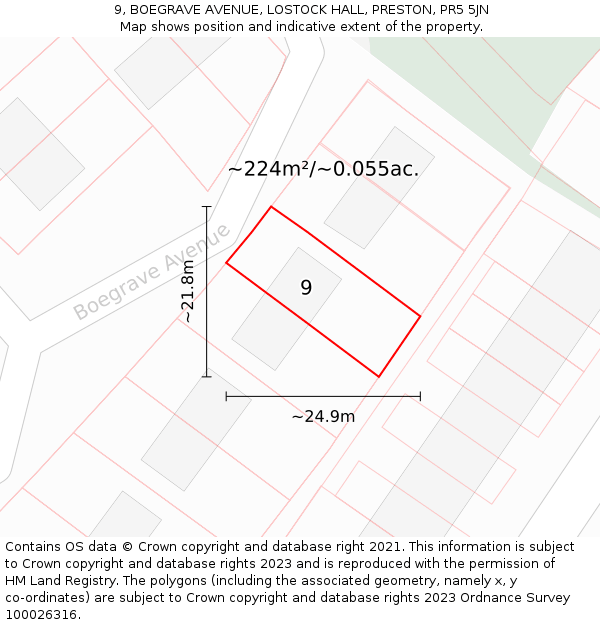 9, BOEGRAVE AVENUE, LOSTOCK HALL, PRESTON, PR5 5JN: Plot and title map