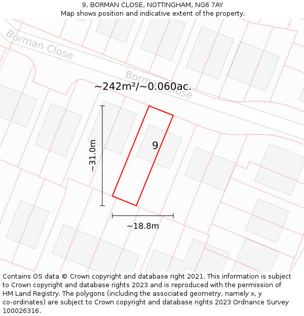 9, BORMAN CLOSE, NOTTINGHAM, NG6 7AY: Plot and title map