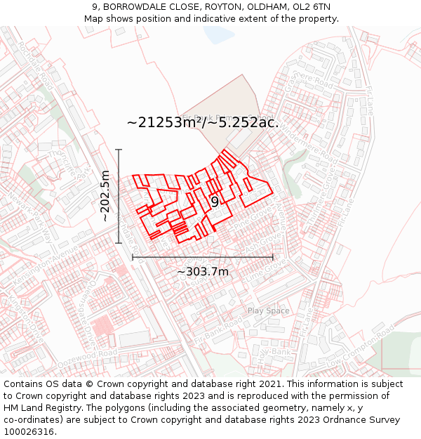 9, BORROWDALE CLOSE, ROYTON, OLDHAM, OL2 6TN: Plot and title map