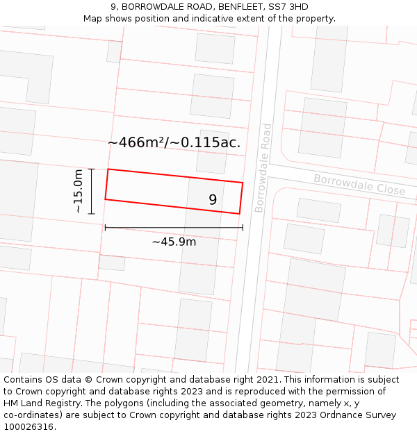 9, BORROWDALE ROAD, BENFLEET, SS7 3HD: Plot and title map