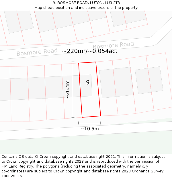 9, BOSMORE ROAD, LUTON, LU3 2TR: Plot and title map