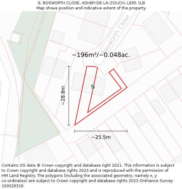 9, BOSWORTH CLOSE, ASHBY-DE-LA-ZOUCH, LE65 1LB: Plot and title map