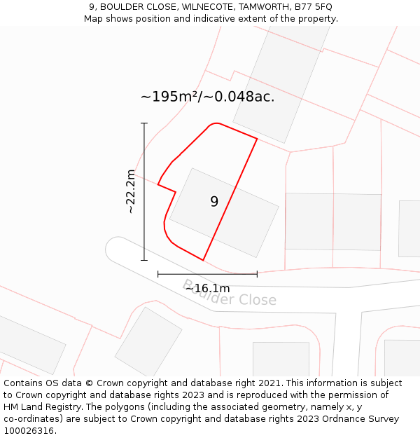 9, BOULDER CLOSE, WILNECOTE, TAMWORTH, B77 5FQ: Plot and title map