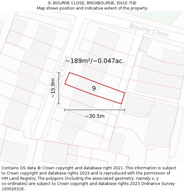 9, BOURNE CLOSE, BROXBOURNE, EN10 7NE: Plot and title map