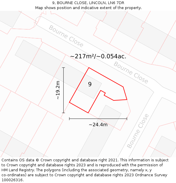 9, BOURNE CLOSE, LINCOLN, LN6 7DR: Plot and title map