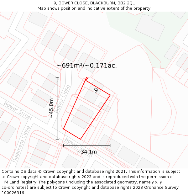 9, BOWER CLOSE, BLACKBURN, BB2 2QL: Plot and title map