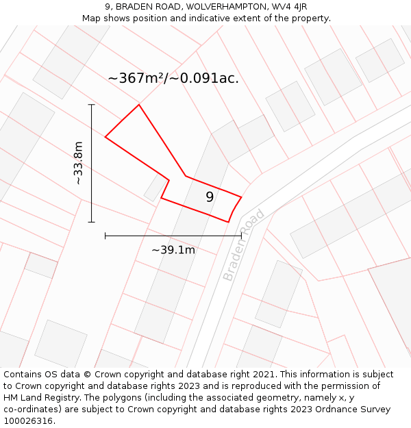 9, BRADEN ROAD, WOLVERHAMPTON, WV4 4JR: Plot and title map