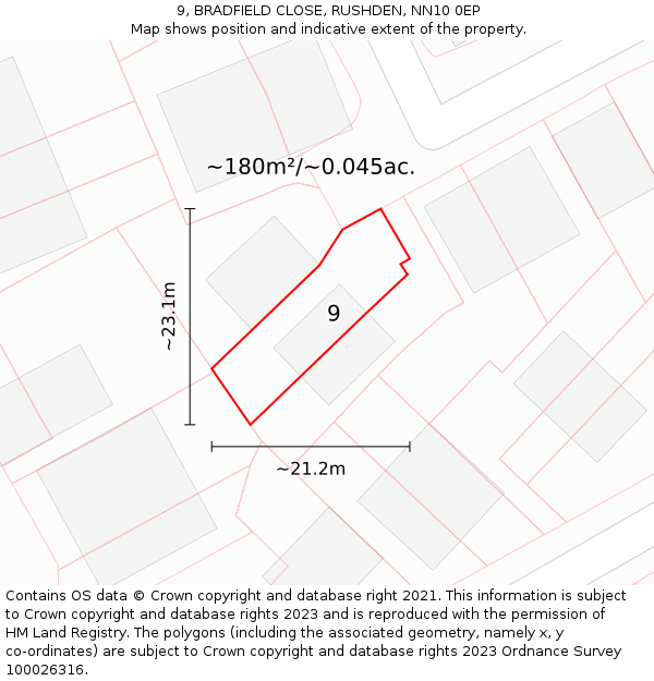 9, BRADFIELD CLOSE, RUSHDEN, NN10 0EP: Plot and title map