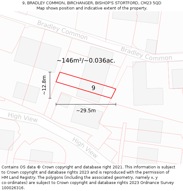 9, BRADLEY COMMON, BIRCHANGER, BISHOP'S STORTFORD, CM23 5QD: Plot and title map